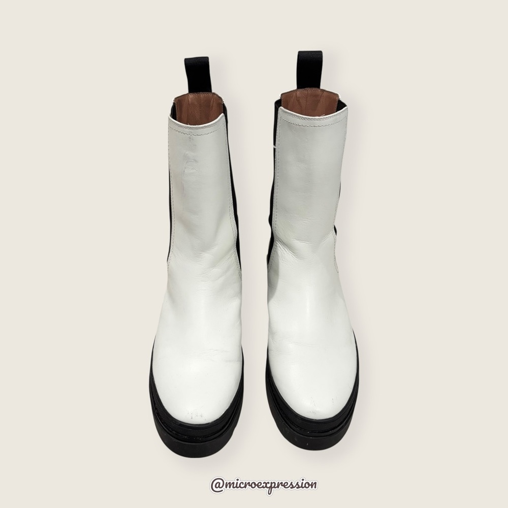$499 Frye Chloe White Real Leather Black Retro Comfy Elastic Pull On Ankle Boot - Picture 9 of 16